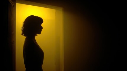 Cinematic portrait of a woman standing under a door frame, silhouetted against a strong, piercing yellow light illuminating the background
