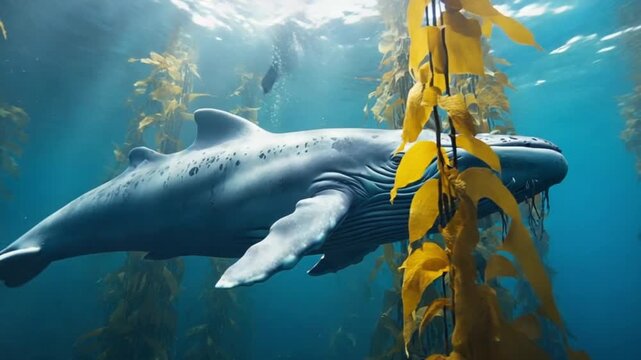 A magnificent humpback whale glides through a vibrant kelp forest in the clear blue ocean.