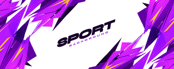 Abstract Sports Background with Sharp Purple Brush Strokes and Yellow Flashes, and Halftone Overlay Effect
