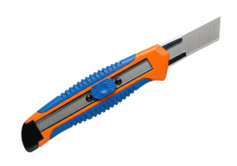 A utility knife with orange and blue handle on transparent background
