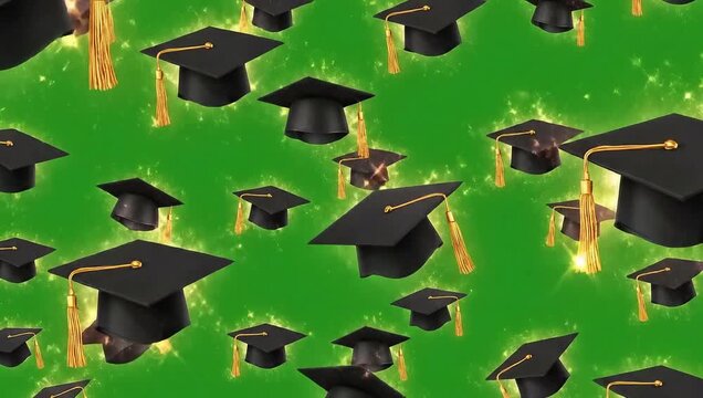 Graduation caps floating on a green background.