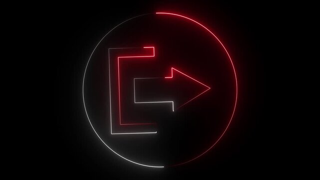 Glowing neon red and white color logout sign icon animation right arrow sign symbol on black background. 4k animation by neon ..