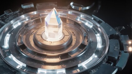 Futuristic Crystal Power Core with Glowing Lights and Intricate Machinery.
