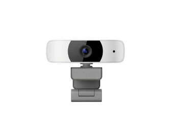 A sleek white webcam with a black lens on a transparent background