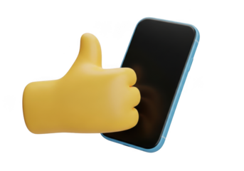 A yellow thumbs-up emoji on a transparent background next to a blue smartphone on a black background