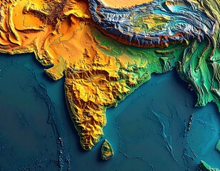 Vivid, detailed 3D topographic map rendering of the Indian subcontinent, highlighting regions and oceans
