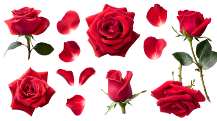 Collection of vibrant red rose elements including full blooms partial flowers a tightly closed bud scattered petals and stems