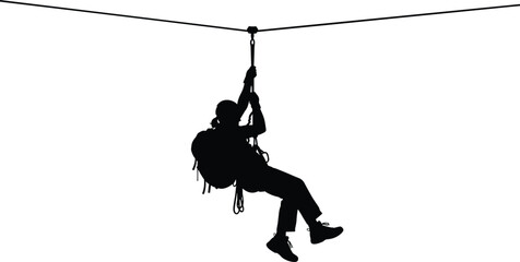 Silhouette of a person ziplining on a cable with backpack, extreme adventure sport activity, outdoor recreation fun, high speed adrenaline rush experience, vector. © MdMeherul