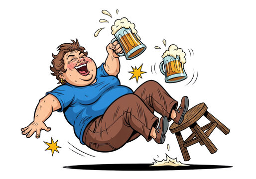 highly dynamic vector cartoon of a chubby middle-aged woman in a cobalt blue t-shirt, laughing loudly and falling off a stool, spilling foamy beer, white background, slapstick comedy and drunkenness