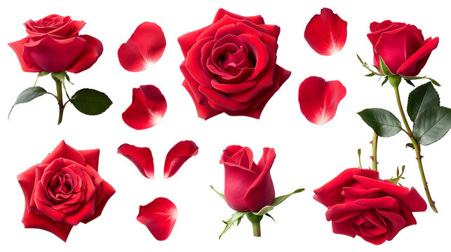 Collection of vibrant red rose elements including full blooms partial flowers a tightly closed bud scattered petals and stems