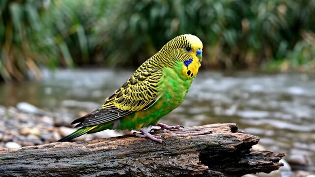 Beautiful Budgerigar Perched by the Riverbank Captivating Wildlife Moment Video