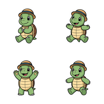 Four Green Cartoon Turtles Wearing Hats in Different Poses