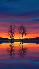 Fototapeta premium Sunset Reflection on Calm Lake with Silhouetted Trees