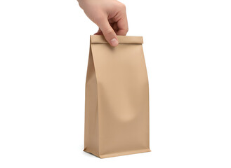 Hand holding brown kraft paper stand up pouch isolated on white background. Eco-friendly blank food packaging mockup for coffee, tea, snacks, organic products, and retail branding with copy space.