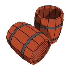 Wooden Old Vintage Empty Barrel with Metal Bands. Vector Illustration.