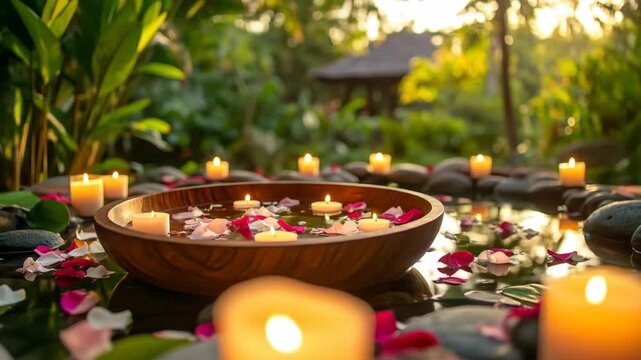 Tranquil outdoor spa scene with floating candles and delicate rose petals in a wooden bowl, surrounded by lush greenery.
