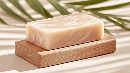 Creamy artisan soap with marbled texture rests on a wooden tray, bathed in gentle sunlight and leaf shadows, ideal for beauty branding, spa promotions, and eco lifestyle designs.