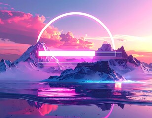 Surreal landscape with mountains, neon accents, and a reflecting lake