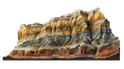 Detailed three dimensional cross section illustration showcasing dramatically colorful layered sedimentary rock formations exposed through geological erosion against transparent background