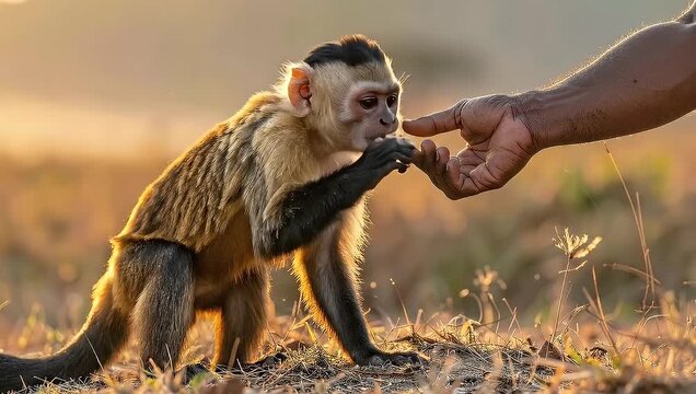 A Capuchin Monkey Receives Food From a Human Hand at Sunset in a Grassy Field