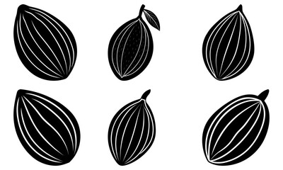 Five black and white cocoa pods with detailed lines on a transparent background five pods