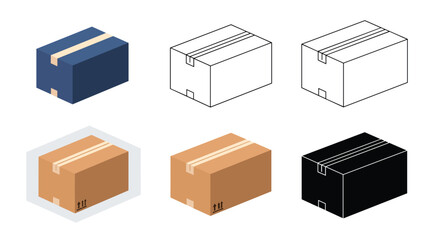 Collection of six isometric cardboard box icons in various styles, including colored, line art, and silhouette for delivery concepts.