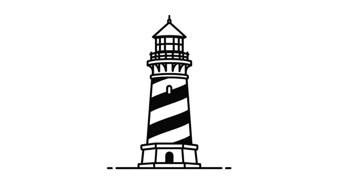 Simple black and white line art icon of a classic striped lighthouse tower, symbolizing guidance, safety, and the maritime coast.