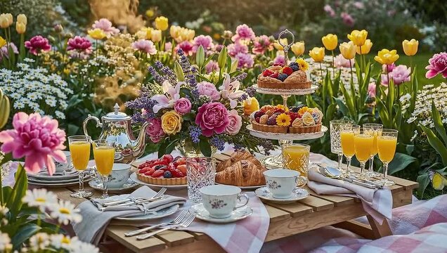 Elegant outdoor brunch in a vibrant spring garden.