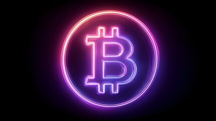 Neon Bitcoin Symbol Glowing in Vibrant Purple and Pink Hues on a Dark Background.