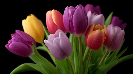 Fototapeta premium Vibrant Tulip Bouquet DewKissed Petals in Purple, Pink, Yellow, and Orange on Black Background