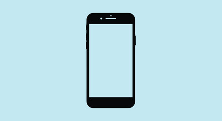 Black silhouette icon of a modern smartphone with a blank screen, centered on a light blue background for technology concepts.