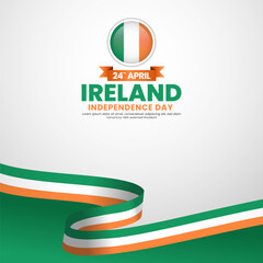 Ireland independence day greeting card, square banner background with warving ribbon flag