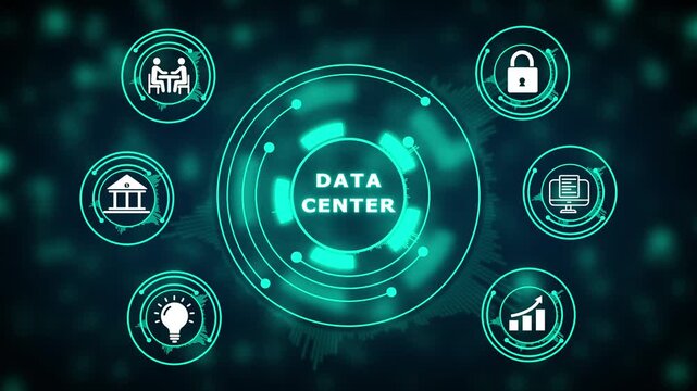 Futuristic Data Center Concept with Digital Icons and Network Connections Keywords: data center, technology, network, server, cloud computing, digital, abstract, connection, information, database