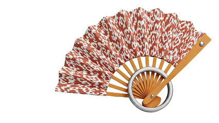 3D Folding fan with ornate pattern and wooden handle on transparent background