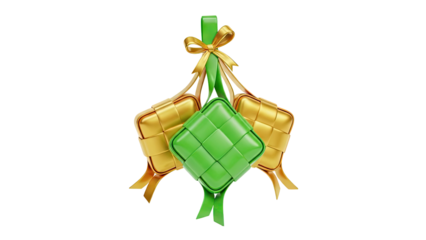 3D Ketupat Eid Islamic Festive Decorations with Golden Ribbons on transparent background