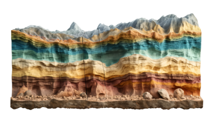 Cross section geological diagram illustrating vibrant multicolored sedimentary rock layers formed over vast spans of ancient time showcasing natural stratification and tectonic fault lines