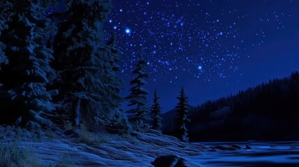 A breathtaking winter night sky filled with countless stars illuminates a snow-covered landscape with dark evergreen trees