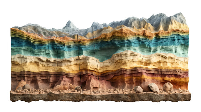 Cross section geological diagram illustrating vibrant multicolored sedimentary rock layers formed over vast spans of ancient time showcasing natural stratification and tectonic fault lines