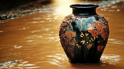 A mud caked ceramic vase with intricate floral patterns
