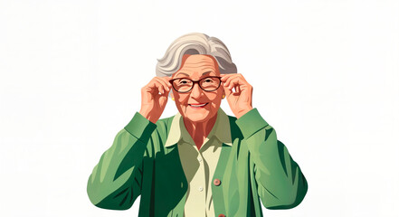Elderly woman smiling while adjusting her glasses on a white background. Concept of Holidays, weekdays and everyday life of the elderly.  