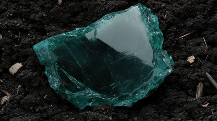 A sharp piece of dark green volcanic glass rests on rich black soil showcasing its texture and jagged edges