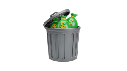 3D Money bags in trash can on transparent background