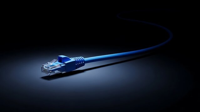 Blue Ethernet cable on dark background.