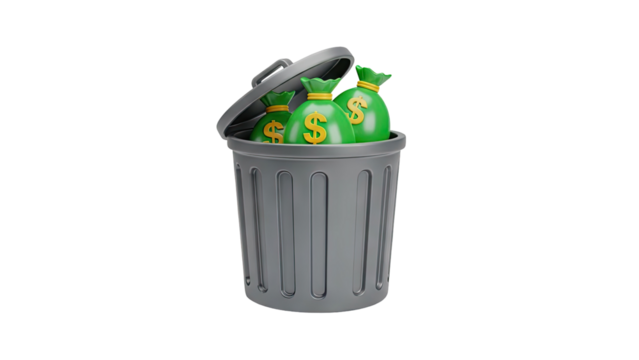 3D Money bags in trash can on transparent background - Powered by Adobe
