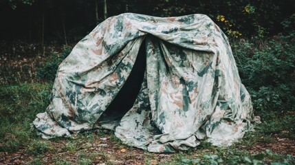 A tattered camouflage tarp draped over a makeshift outdoor shelter structure in a wooded area