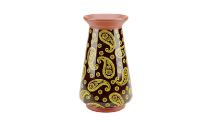 3D Paisley pattern vase with a brown and gold design on transparent background