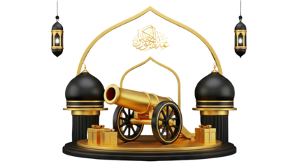 3D Ramadan Cannon with Mosque Domes and Gifts on transparent background