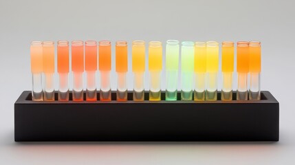A collection of small clear glass vials containing colorful liquids arranged in a row on a dark rack