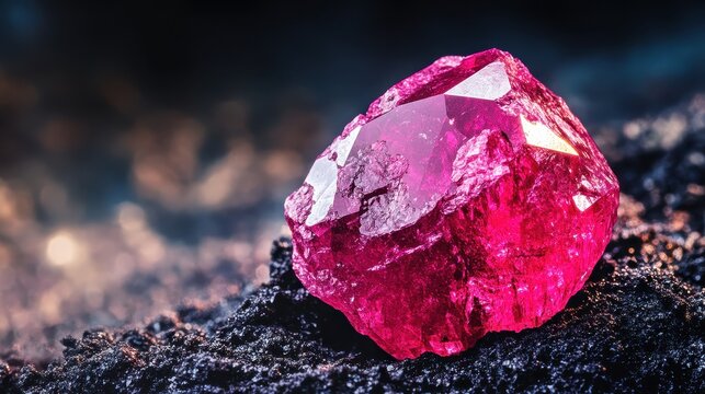 A deep red unpolished raw ruby crystal showcasing its natural faceted surface and lustrous hue against a dark textured background