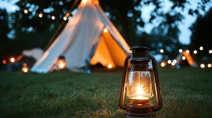 A glowing solar powered lantern sits on grass in front of a softly lit tent at dusk creating a warm and inviting camping atmosphere